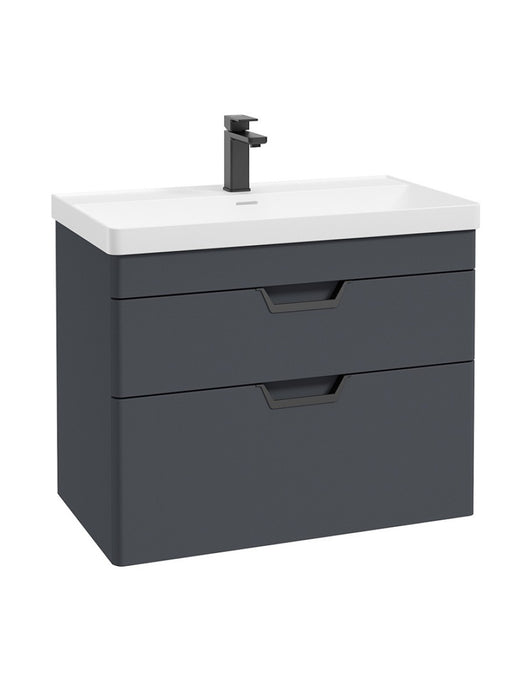 FREYA Wall Hung 80cm Two Drawer Vanity Unit Matt Night Sky Blue-Matt Black Handle