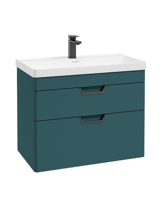 FREYA Wall Hung 80cm Two Drawer Vanity Unit Matt Ocean Blue-Matt Black Handle