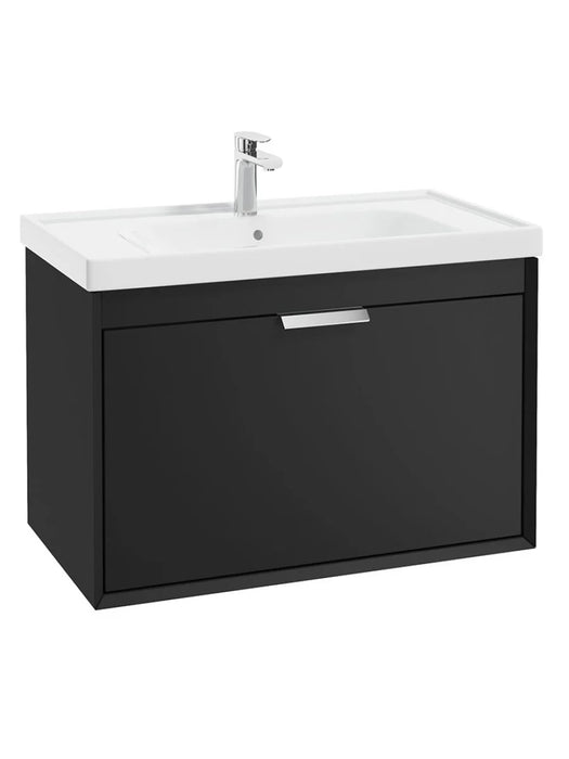 FJORD Wall Hung 80cm Two Drawer Vanity Unit Matt Black - Brushed Chrome Handle
