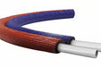 Coiled red and blue cable with white connectors on a white background